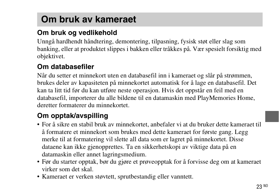 Om bruk av kameraet | Sony DSC-WX220 User Manual | Page 455 / 499