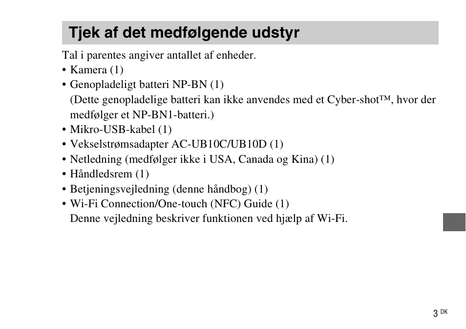 Tjek af det medfølgende udstyr | Sony DSC-WX220 User Manual | Page 465 / 499