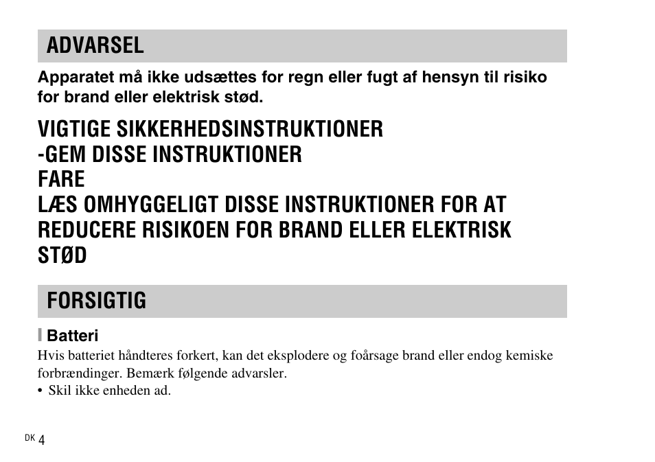 Advarsel forsigtig | Sony DSC-WX220 User Manual | Page 466 / 499