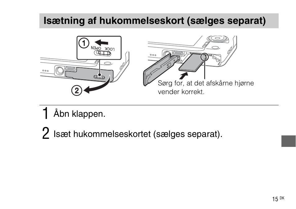 Isætning af hukommelseskort (sælges separat) | Sony DSC-WX220 User Manual | Page 477 / 499