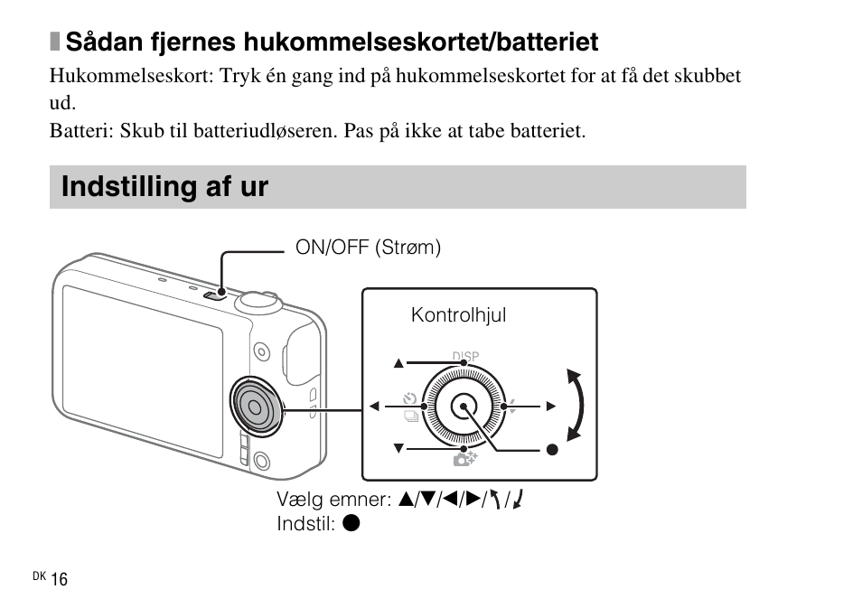 Indstilling af ur, Xsådan fjernes hukommelseskortet/batteriet | Sony DSC-WX220 User Manual | Page 478 / 499