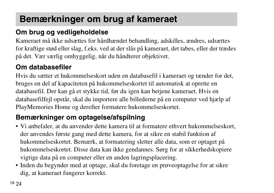 Bemærkninger om brug af kameraet | Sony DSC-WX220 User Manual | Page 486 / 499