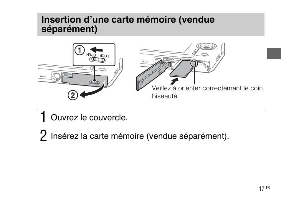 Insertion d’une carte mémoire (vendue séparément) | Sony DSC-WX220 User Manual | Page 51 / 499