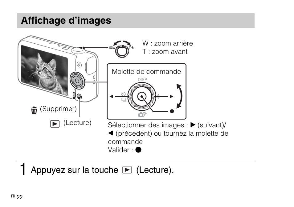 Affichage d’images, Appuyez sur la touche (lecture) | Sony DSC-WX220 User Manual | Page 56 / 499