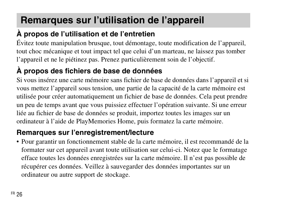 Remarques sur l’utilisation de l’appareil | Sony DSC-WX220 User Manual | Page 60 / 499