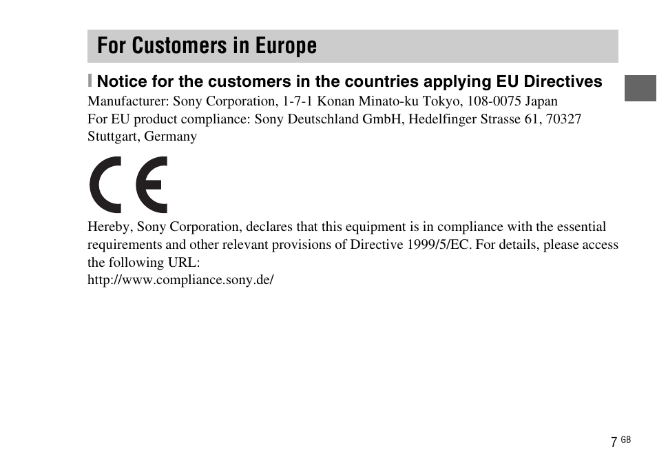 For customers in europe | Sony DSC-WX220 User Manual | Page 7 / 499