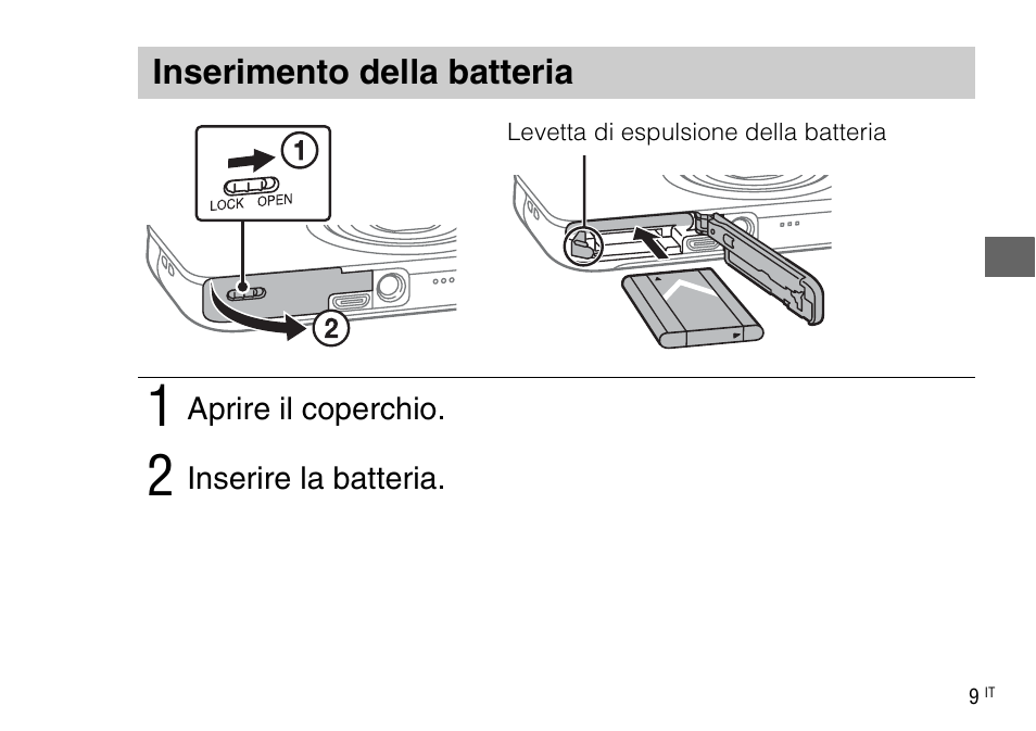 Inserimento della batteria | Sony DSC-WX220 User Manual | Page 77 / 499