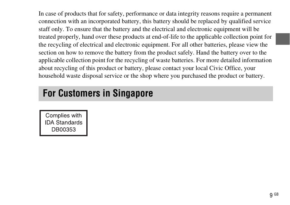 For customers in singapore | Sony DSC-WX220 User Manual | Page 9 / 499