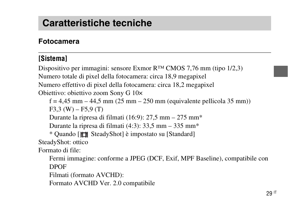 Caratteristiche tecniche | Sony DSC-WX220 User Manual | Page 97 / 499