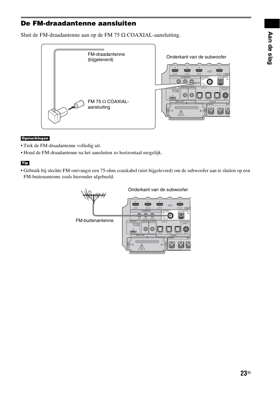 De fm-draadantenne aansluiten, Aa n de sl ag, Fm-buitenantenne onderkant van de subwoofer | Opmerkingen tip | Sony HT-IS100 User Manual | Page 109 / 256