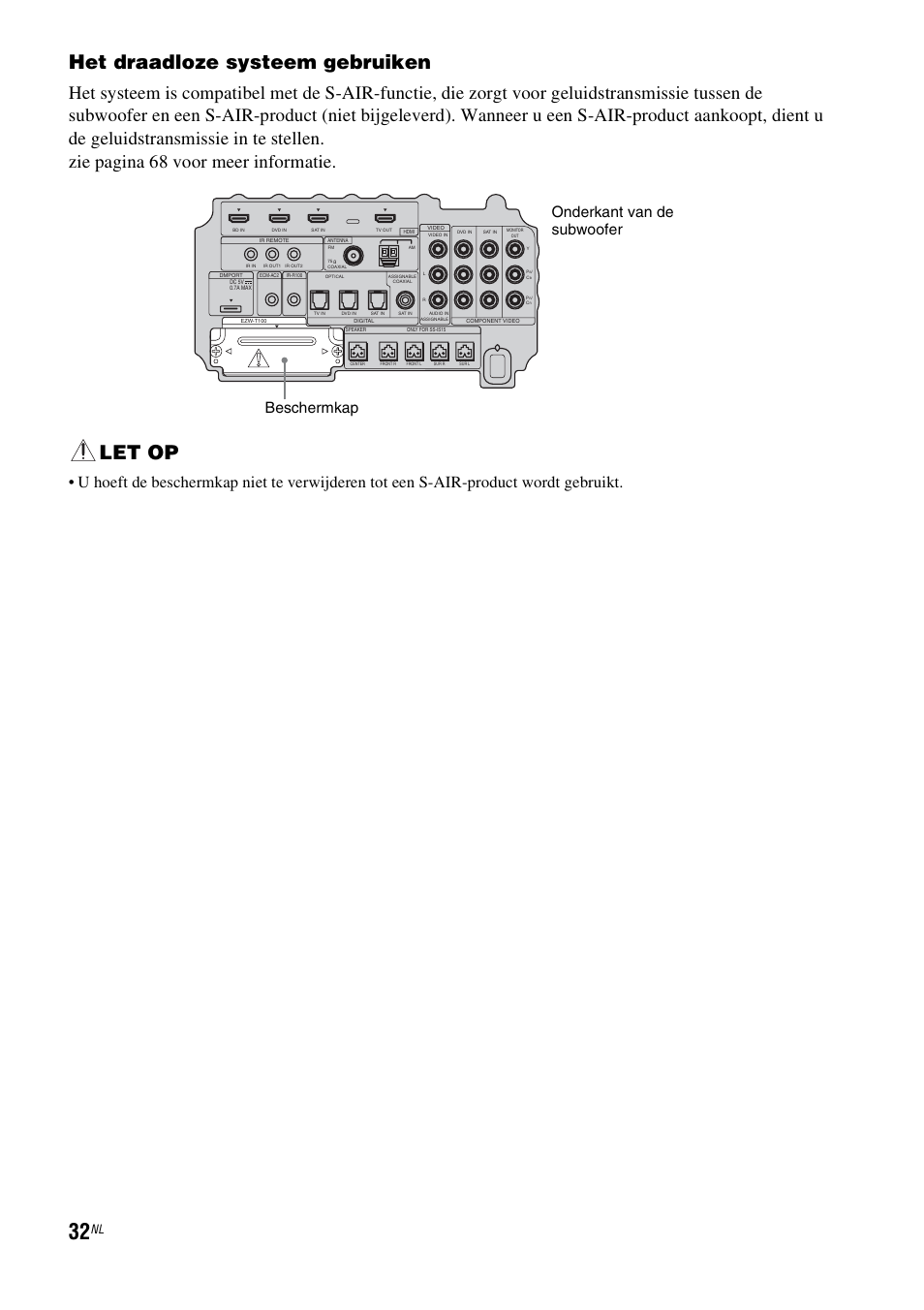 Het draadloze systeem gebruiken, Let op, Beschermkap onderkant van de subwoofer | Sony HT-IS100 User Manual | Page 118 / 256