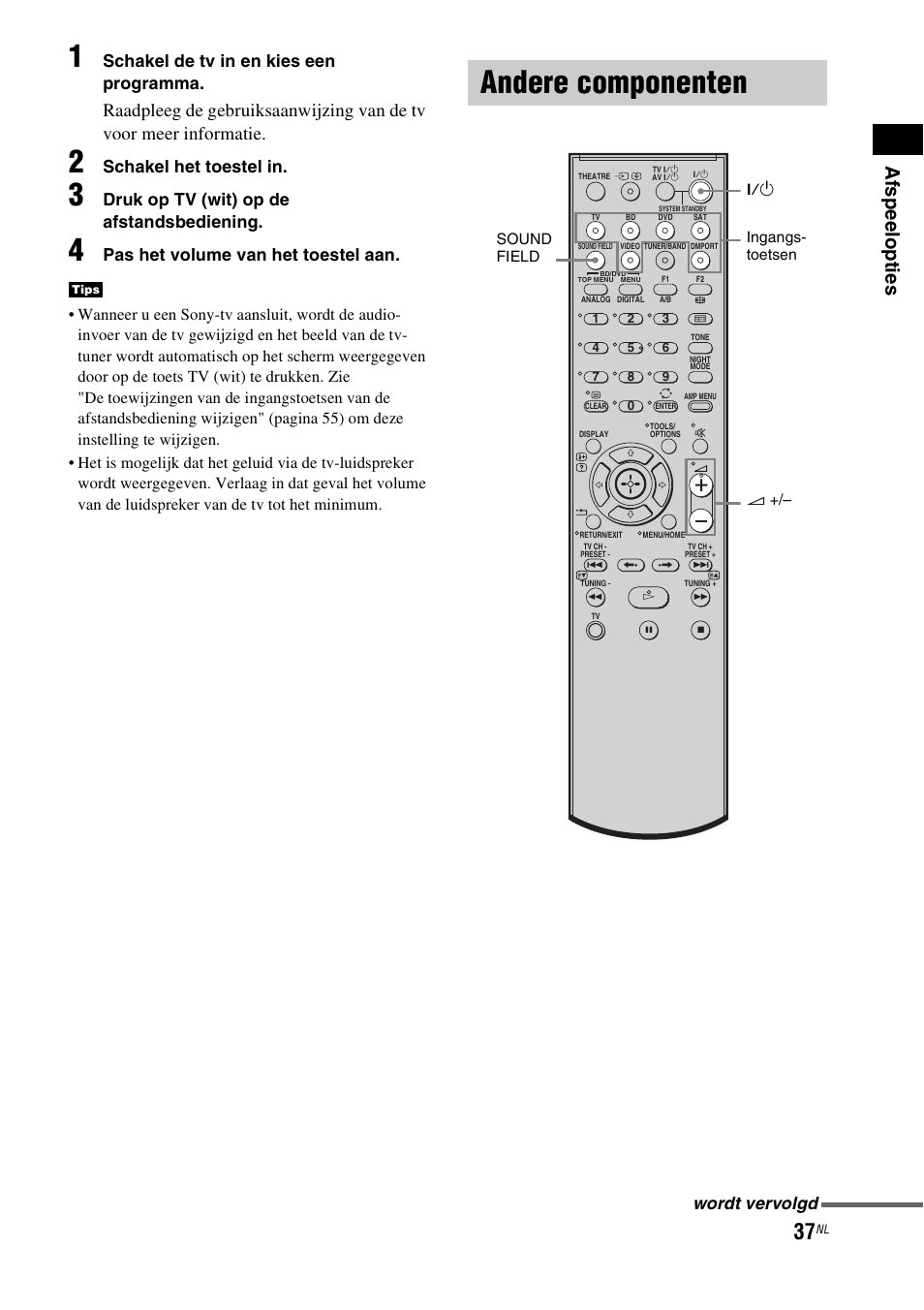 Andere componenten, Afspee lopt ies, Schakel de tv in en kies een programma | Schakel het toestel in, Druk op tv (wit) op de afstandsbediening, Pas het volume van het toestel aan, Wordt vervolgd | Sony HT-IS100 User Manual | Page 123 / 256