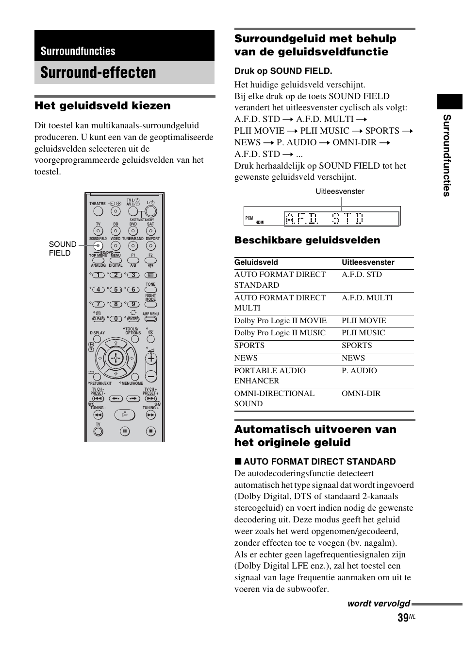 Surroundfuncties, Surround-effecten, Het geluidsveld kiezen | Automatisch uitvoeren van het originele geluid, Su rr oun dfunc ties, Beschikbare geluidsvelden, Druk op sound field, X auto format direct standard, Wordt vervolgd | Sony HT-IS100 User Manual | Page 125 / 256