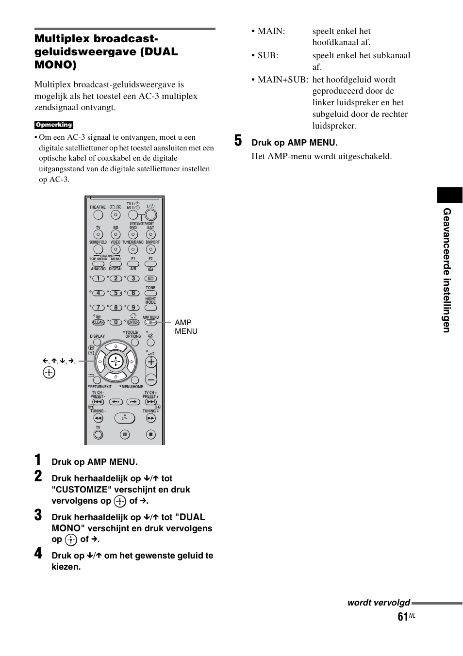Multiplex broadcast- geluidsweergave (dual mono), Dual mono, Het amp-menu wordt uitgeschakeld | Sony HT-IS100 User Manual | Page 147 / 256