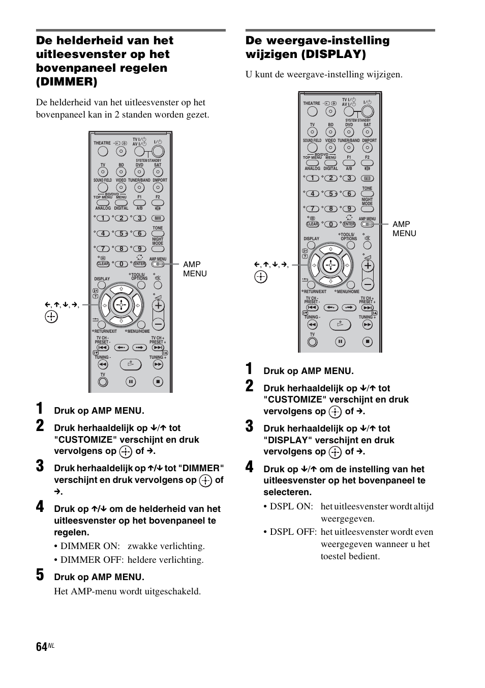 De weergave-instelling wijzigen (display), Het amp-menu wordt uitgeschakeld, U kunt de weergave-instelling wijzigen | Druk op amp menu, Druk herhaaldelijk op, Druk op | Sony HT-IS100 User Manual | Page 150 / 256