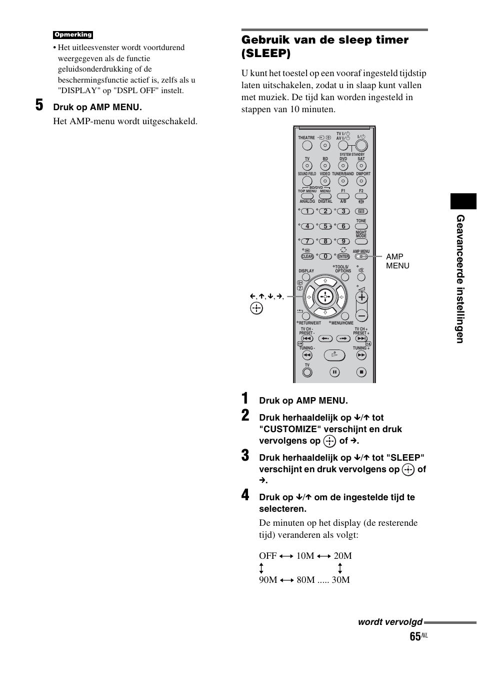 P (65), Gebruik van de sleep timer (sleep), Het amp-menu wordt uitgeschakeld | Sony HT-IS100 User Manual | Page 151 / 256