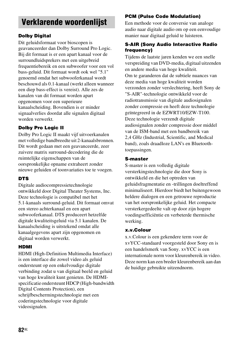 Verklarende woordenlijst | Sony HT-IS100 User Manual | Page 168 / 256