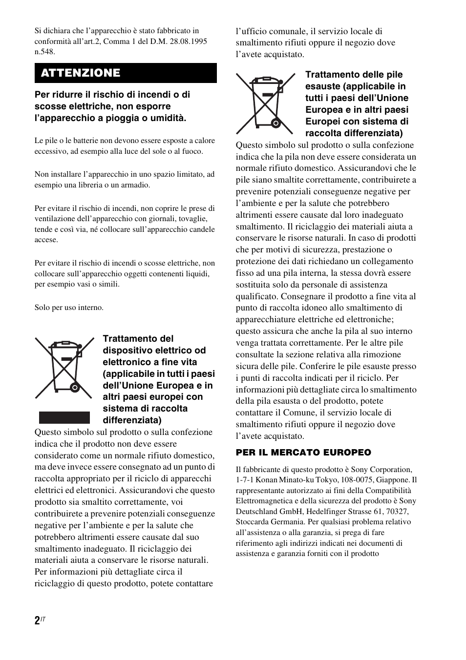 Attenzione | Sony HT-IS100 User Manual | Page 172 / 256