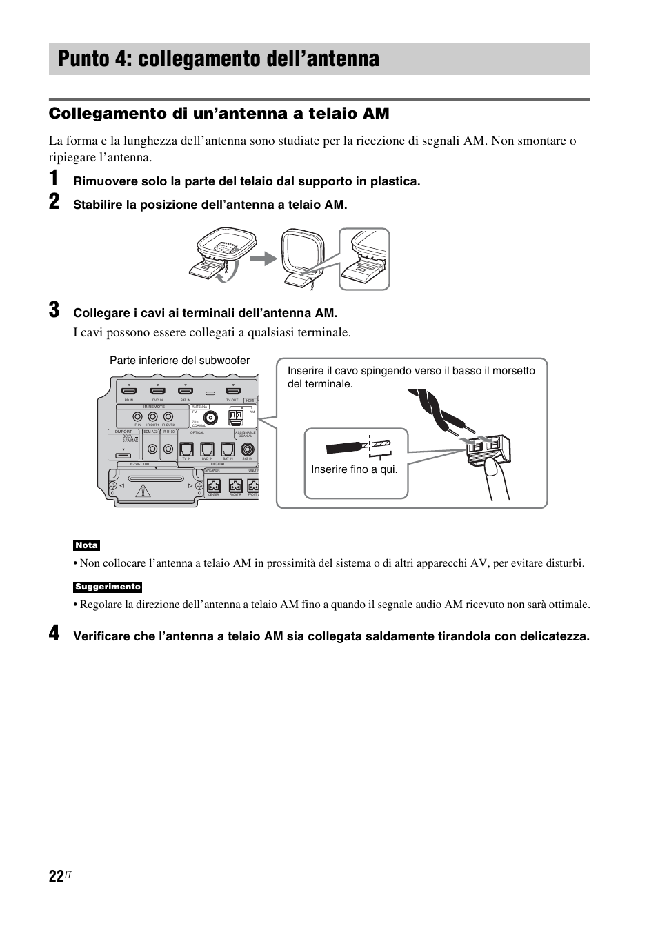 Punto 4: collegamento dell’antenna, Collegamento di un’antenna a telaio am, Stabilire la posizione dell’antenna a telaio am | Collegare i cavi ai terminali dell’antenna am | Sony HT-IS100 User Manual | Page 192 / 256