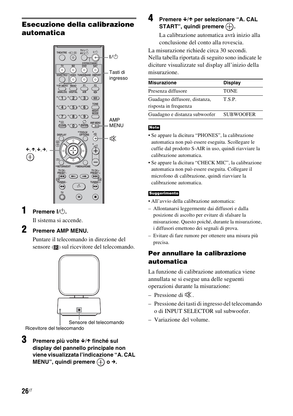 Esecuzione della calibrazione automatica, Per annullare la calibrazione automatica, Il sistema si accende | Puntare il telecomando in direzione del sensore, Sul ricevitore del telecomando, Premere, Premere amp menu, Premere più volte, X per selezionare “a. cal start”, quindi premere | Sony HT-IS100 User Manual | Page 196 / 256