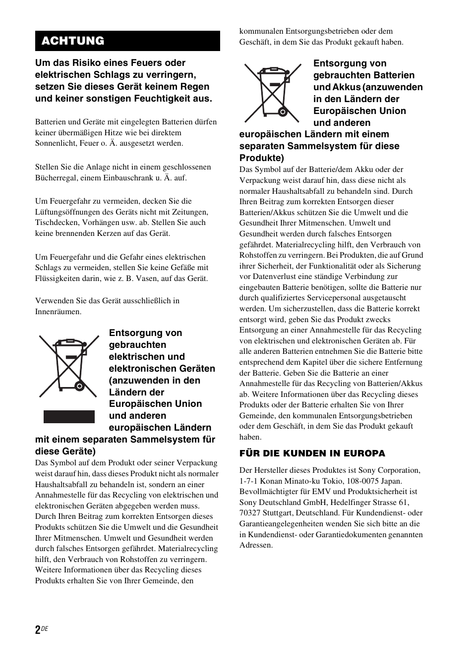 Achtung | Sony HT-IS100 User Manual | Page 2 / 256