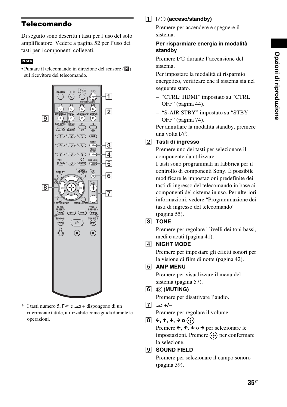 Telecomando, Op zion i di ripr o duz ione, Premere per accendere e spegnere il sistema | Premere, Premere per disattivare l’audio, Premere per regolare il volume, A ?/1 (acceso/standby), Per risparmiare energia in modalità standby, B tasti di ingresso, C tone | Sony HT-IS100 User Manual | Page 205 / 256