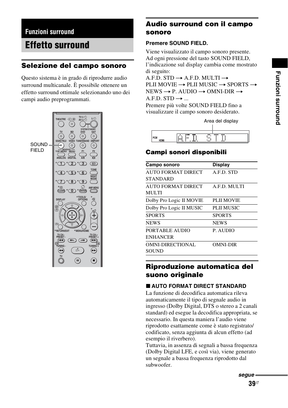 Funzioni surround, Effetto surround, Selezione del campo sonoro | Audio surround con il campo sonoro, Riproduzione automatica del suono originale, Funz ioni surr o und, Campi sonori disponibili, Premere sound field, X auto format direct standard, Segue | Sony HT-IS100 User Manual | Page 209 / 256