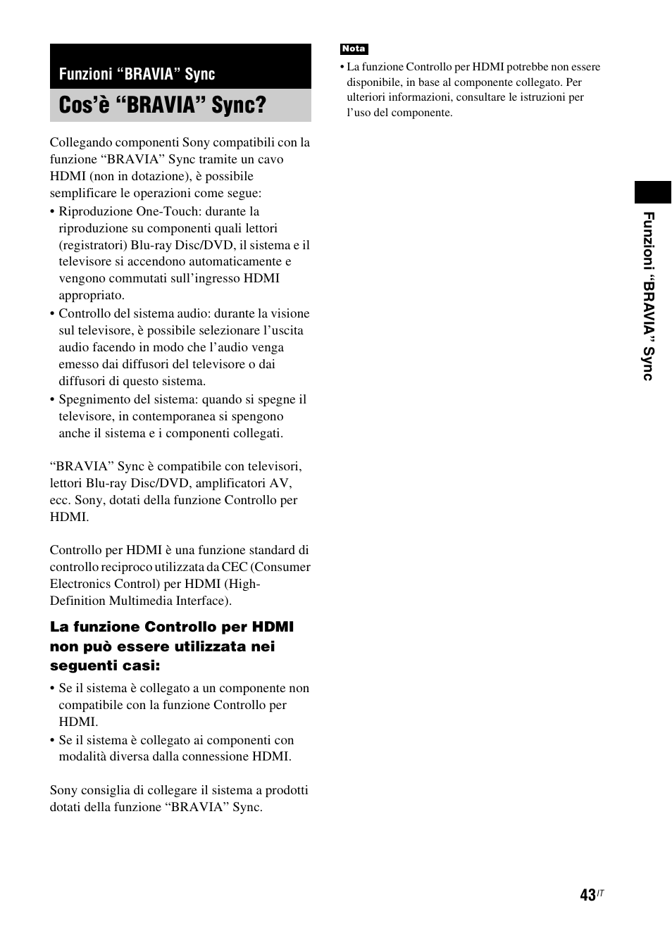 Funzioni “bravia” sync, Cos’è “bravia” sync | Sony HT-IS100 User Manual | Page 213 / 256