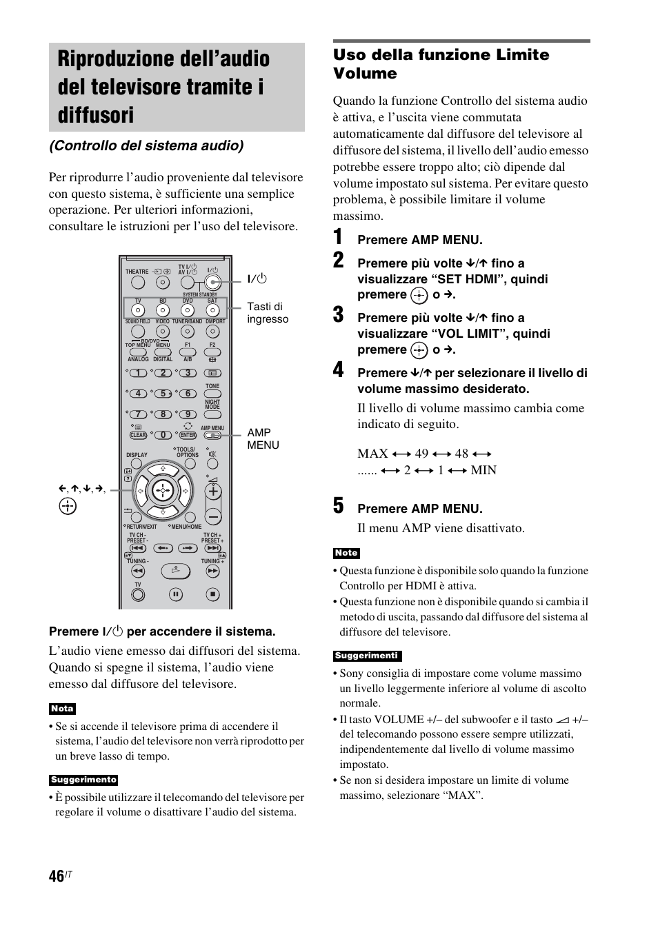 Riproduzione dell’audio del televisore, Tramite i diffusori (controllo del sistema audio), Uso della funzione limite volume | Controllo del sistema audio), Il menu amp viene disattivato | Sony HT-IS100 User Manual | Page 216 / 256