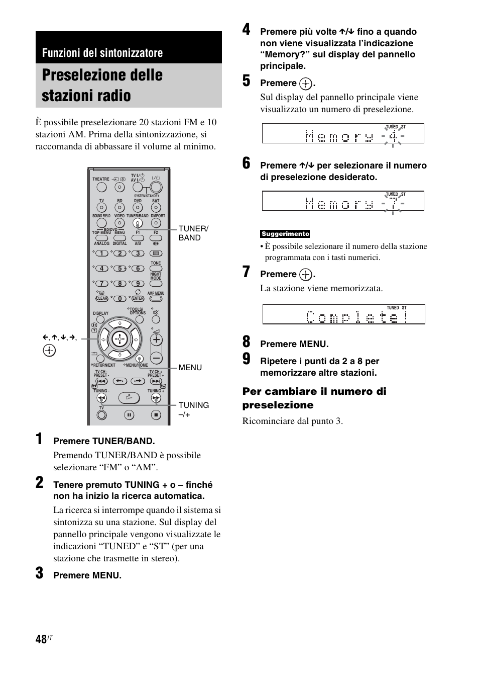 Funzioni del sintonizzatore, Preselezione delle stazioni radio, D (48) | Per cambiare il numero di preselezione, Ricominciare dal punto 3 | Sony HT-IS100 User Manual | Page 218 / 256