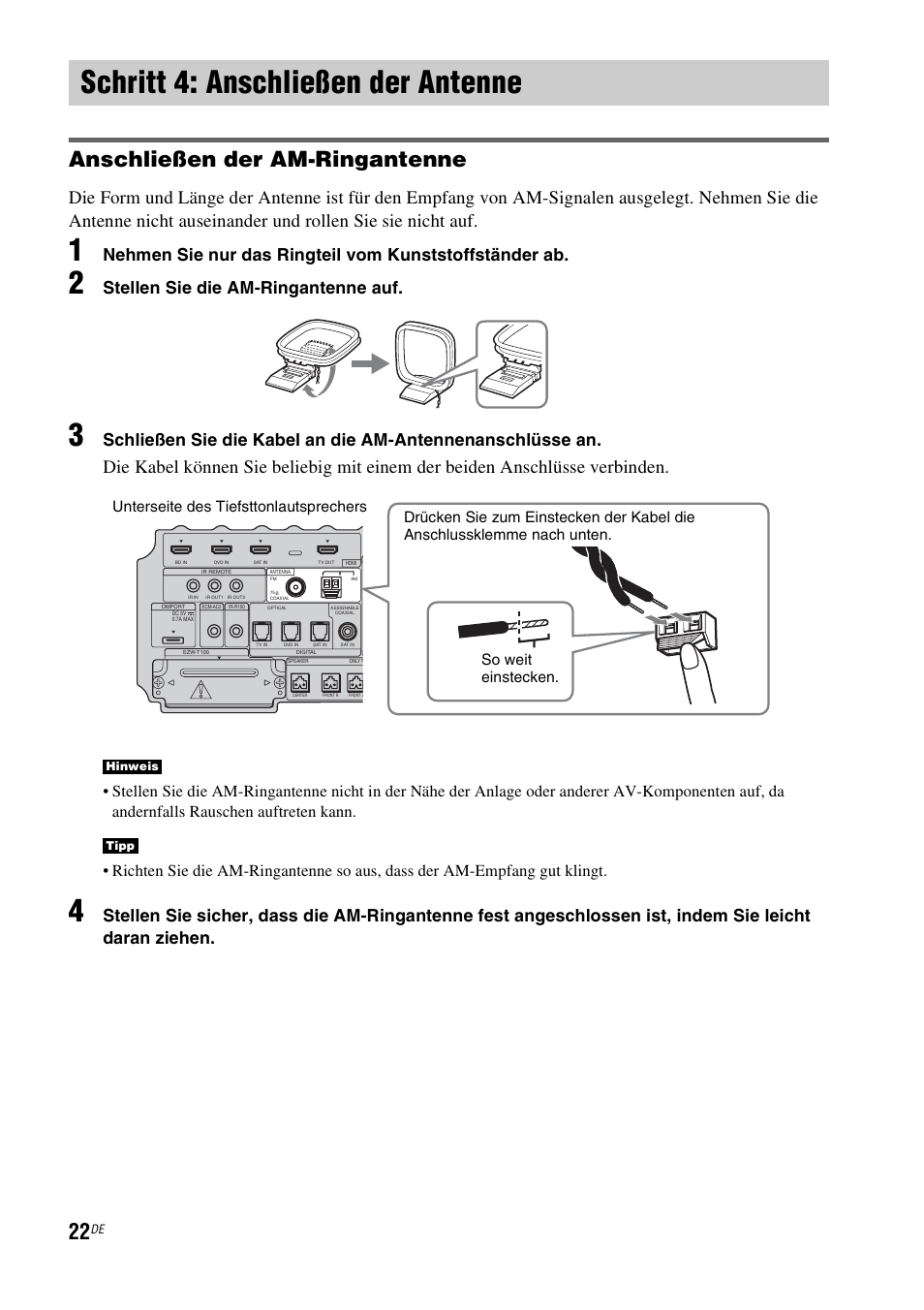 Schritt 4: anschließen der antenne, Anschließen der am-ringantenne, Stellen sie die am-ringantenne auf | Sony HT-IS100 User Manual | Page 22 / 256