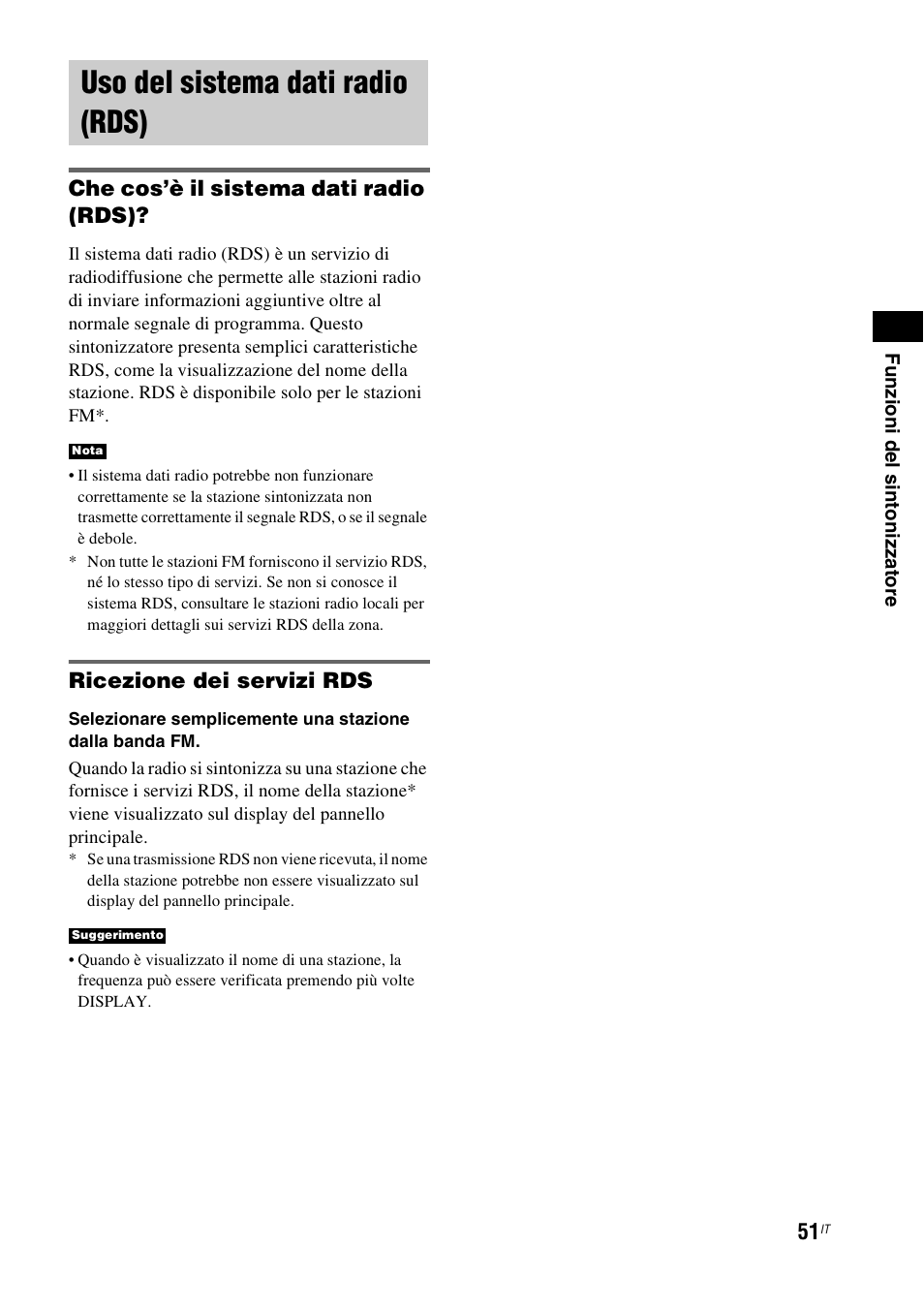 Uso del sistema dati radio (rds), Che cos’è il sistema dati radio (rds), Ricezione dei servizi rds | Sony HT-IS100 User Manual | Page 221 / 256