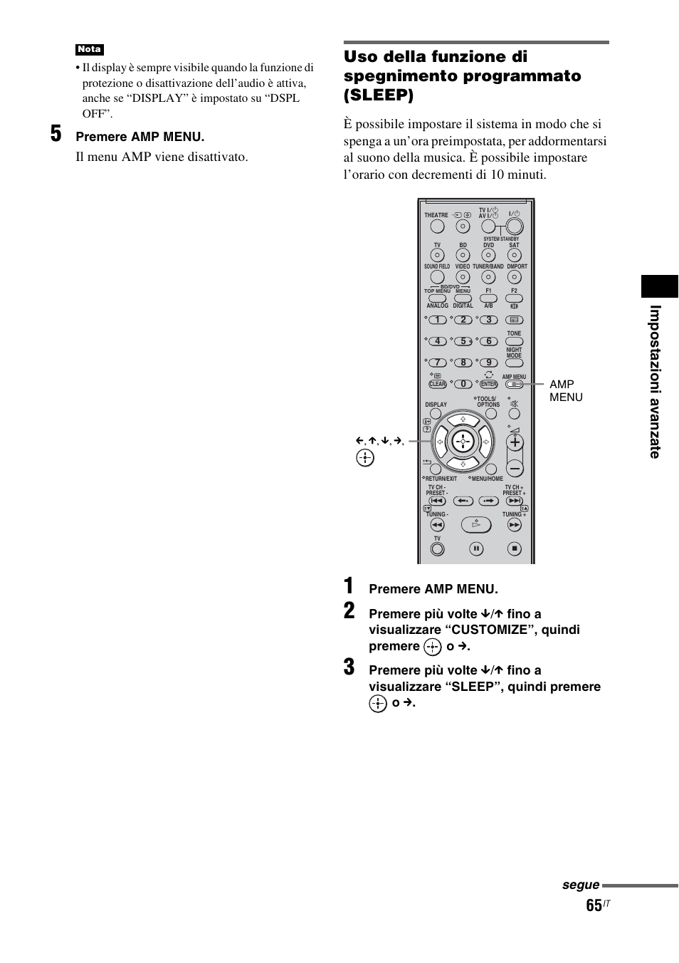 P (65), Il menu amp viene disattivato, Premere amp menu | Premere più volte, X fino a visualizzare “sleep”, quindi premere o c, Segue | Sony HT-IS100 User Manual | Page 235 / 256