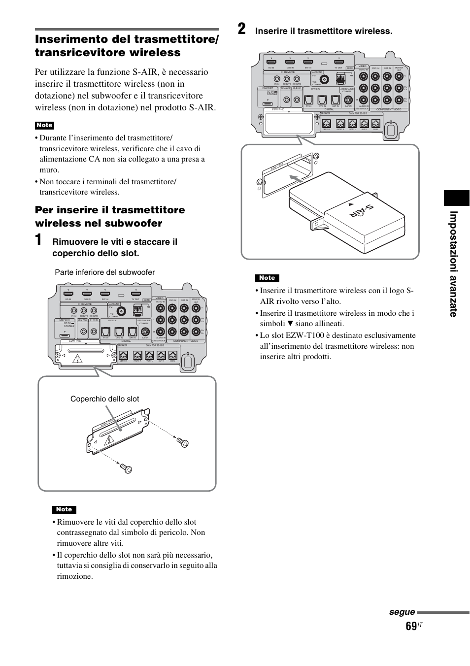 Inserire il trasmettitore wireless, Segue, Coperchio dello slot parte inferiore del subwoofer | Sony HT-IS100 User Manual | Page 239 / 256