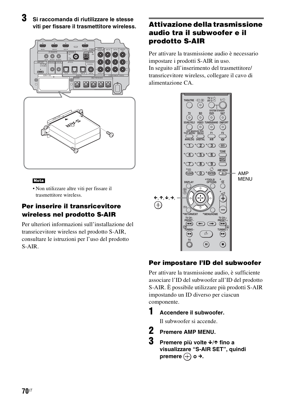 Per impostare l’id del subwoofer, Il subwoofer si accende, Accendere il subwoofer | Premere amp menu, Premere più volte, Amp menu c, x, x, c | Sony HT-IS100 User Manual | Page 240 / 256