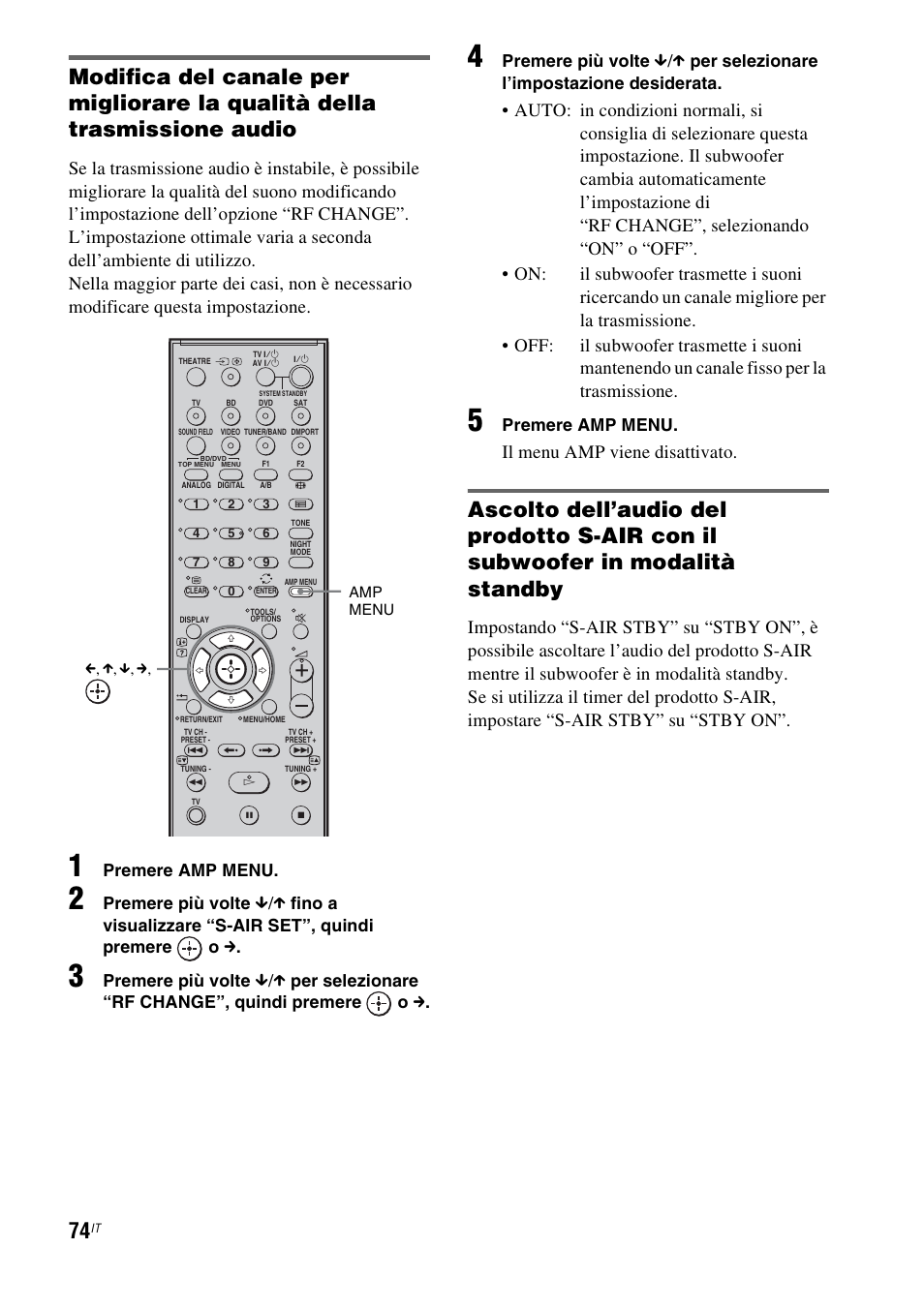 Il menu amp viene disattivato, Premere amp menu, Premere più volte | X per selezionare “rf change”, quindi premere o c, X per selezionare l’impostazione desiderata | Sony HT-IS100 User Manual | Page 244 / 256