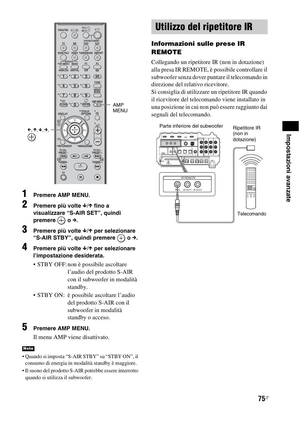 Utilizzo del ripetitore ir, Informazioni sulle prese ir remote, Il menu amp viene disattivato | Sony HT-IS100 User Manual | Page 245 / 256