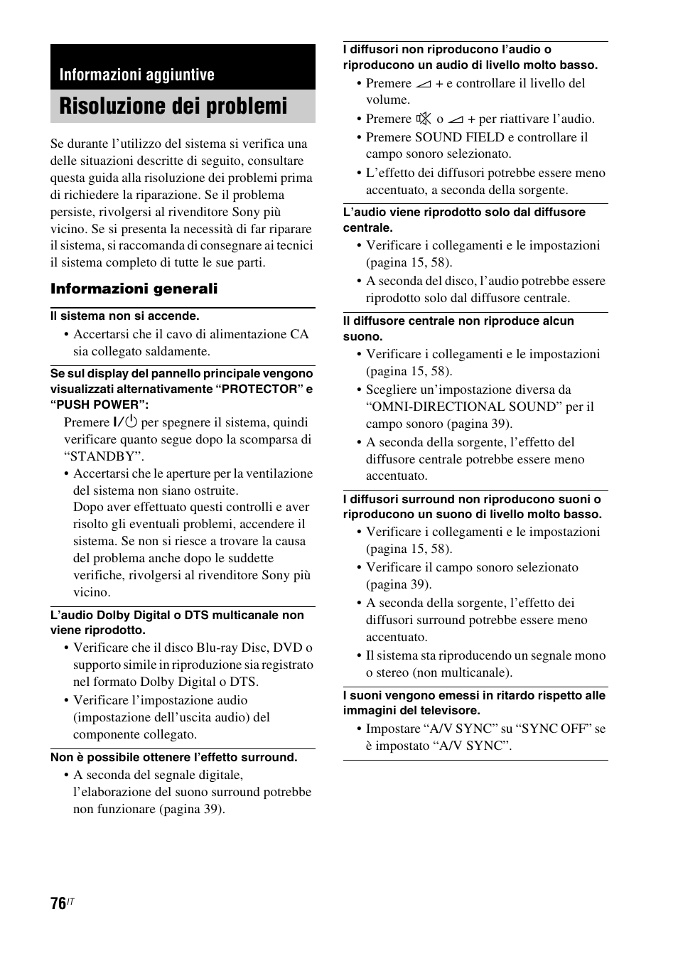 Informazioni aggiuntive, Risoluzione dei problemi | Sony HT-IS100 User Manual | Page 246 / 256