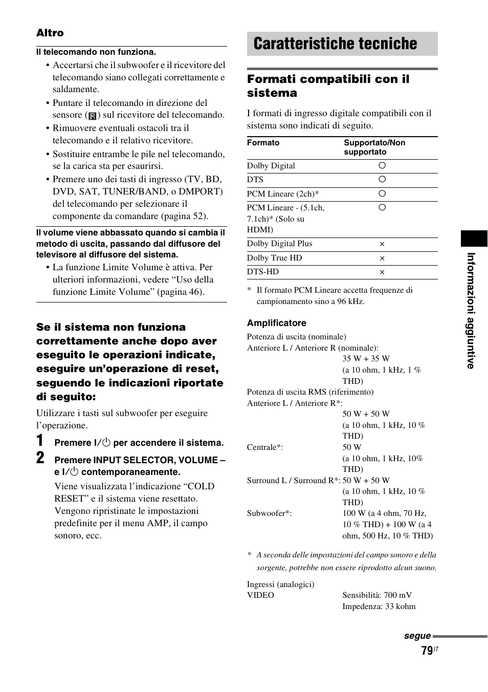 Caratteristiche tecniche, Formati compatibili con il sistema | Sony HT-IS100 User Manual | Page 249 / 256