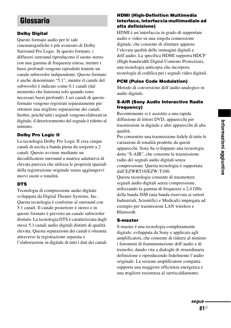 Glossario | Sony HT-IS100 User Manual | Page 251 / 256