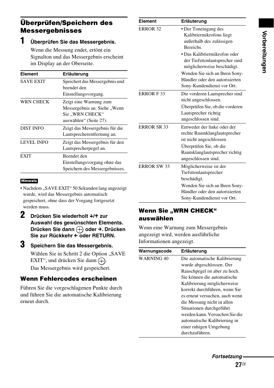 Überprüfen/speichern des messergebnisses | Sony HT-IS100 User Manual | Page 27 / 256