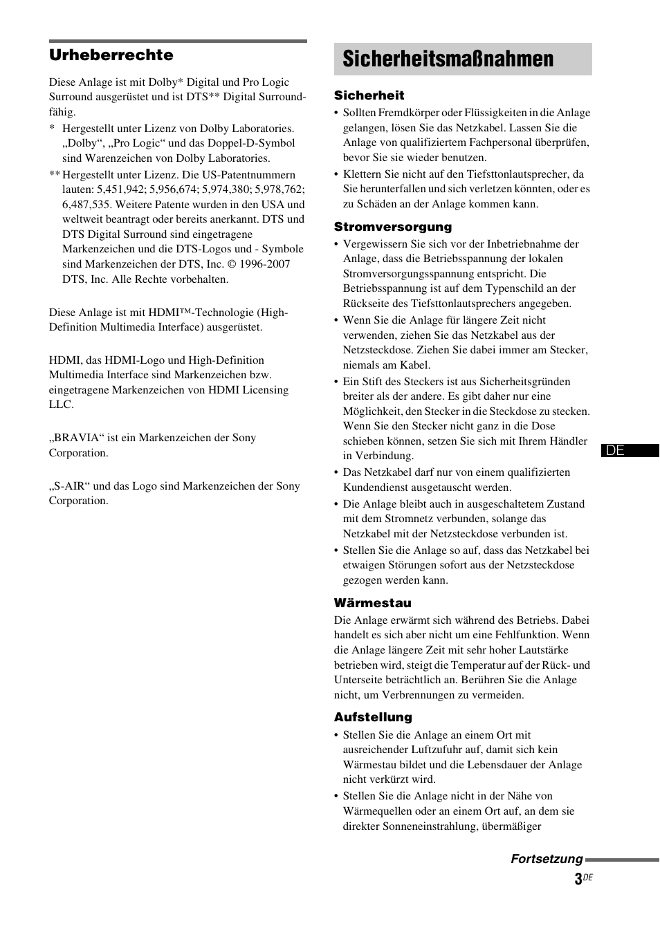 Sicherheitsmaßnahmen, Urheberrechte | Sony HT-IS100 User Manual | Page 3 / 256