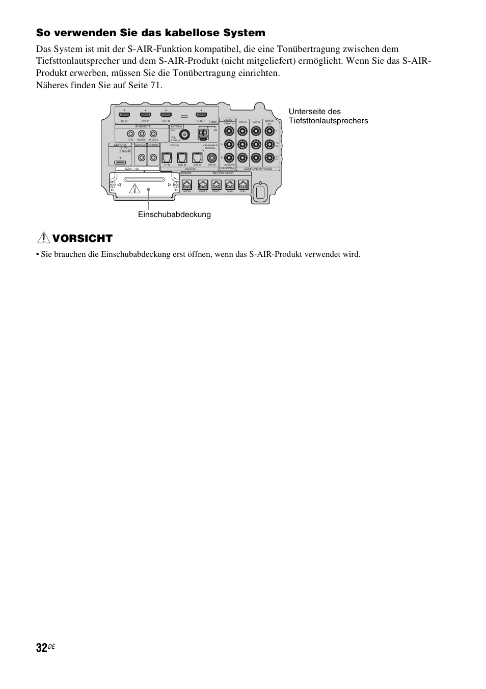 So verwenden sie das kabellose system, Vorsicht | Sony HT-IS100 User Manual | Page 32 / 256