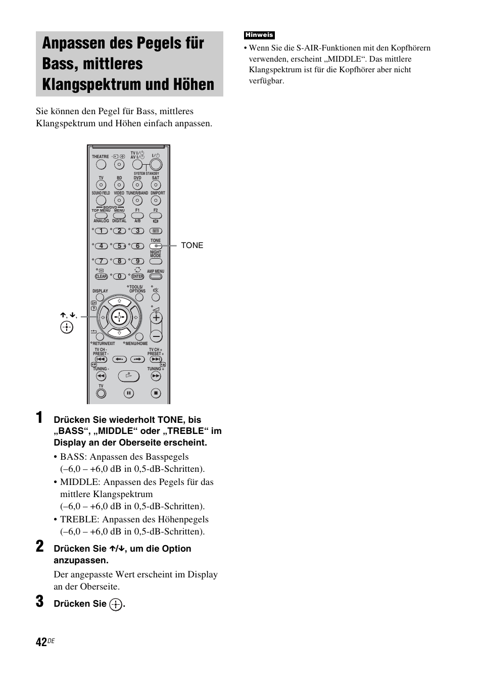 Anpassen des pegels für bass, mittleres, Klangspektrum und höhen, Seite 42) | Drücken sie x / x , um die option anzupassen, Drücken sie | Sony HT-IS100 User Manual | Page 42 / 256