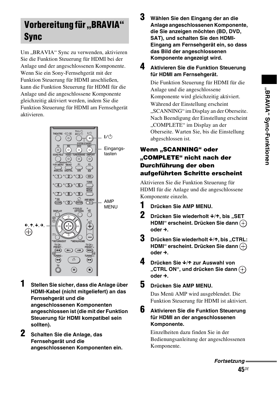 Vorbereitung für „bravia“ sync, T (seite 45), B r a vi a“ sy nc-f unkti onen | Sony HT-IS100 User Manual | Page 45 / 256