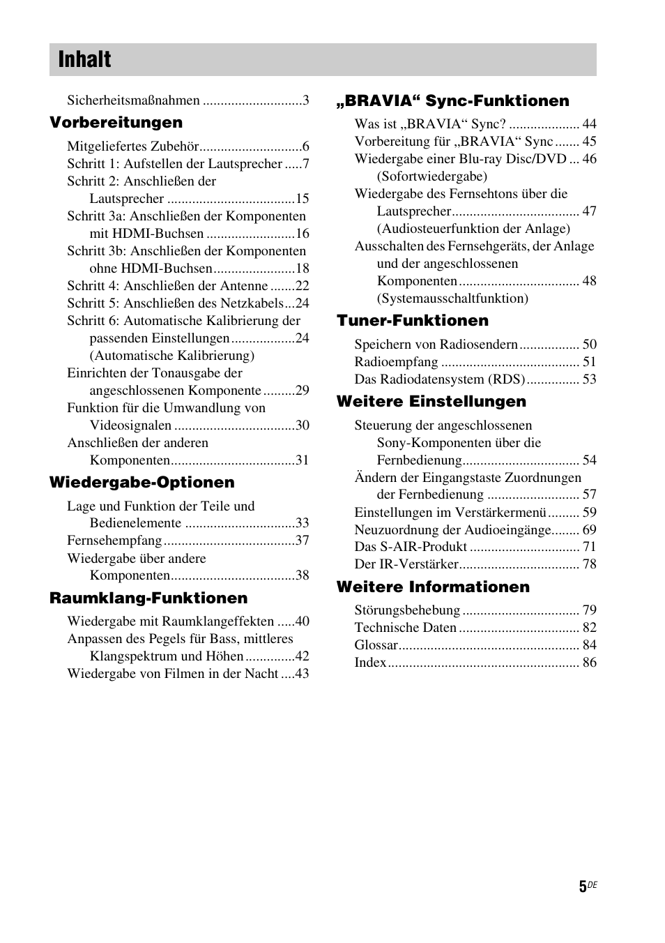 Inhalt | Sony HT-IS100 User Manual | Page 5 / 256