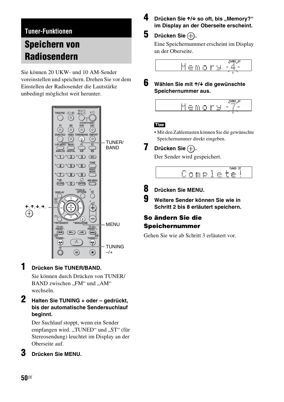 Tuner-funktionen, Speichern von radiosendern, D (50) | So ändern sie die speichernummer, Der sender wird gespeichert, Gehen sie wie ab schritt 3 erläutert vor | Sony HT-IS100 User Manual | Page 50 / 256