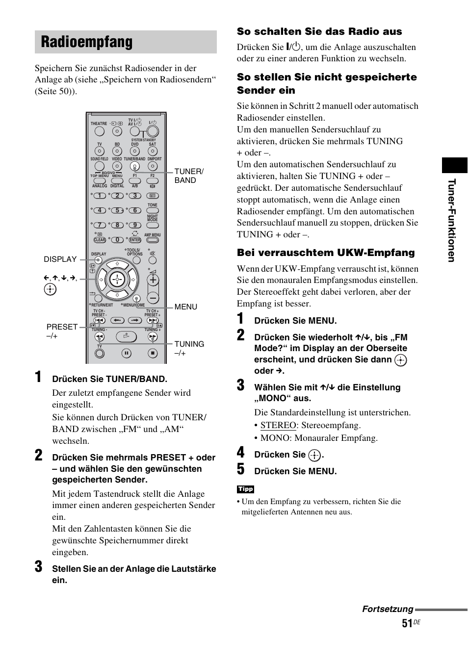 Radioempfang, Ono (51), Tune r- fu nktio n en | So schalten sie das radio aus, So stellen sie nicht gespeicherte sender ein, Bei verrauschtem ukw-empfang | Sony HT-IS100 User Manual | Page 51 / 256