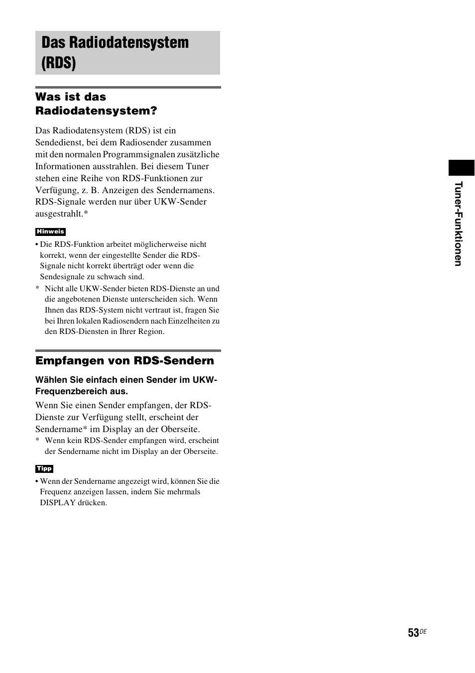 Das radiodatensystem (rds), Was ist das radiodatensystem, Empfangen von rds-sendern | Sony HT-IS100 User Manual | Page 53 / 256