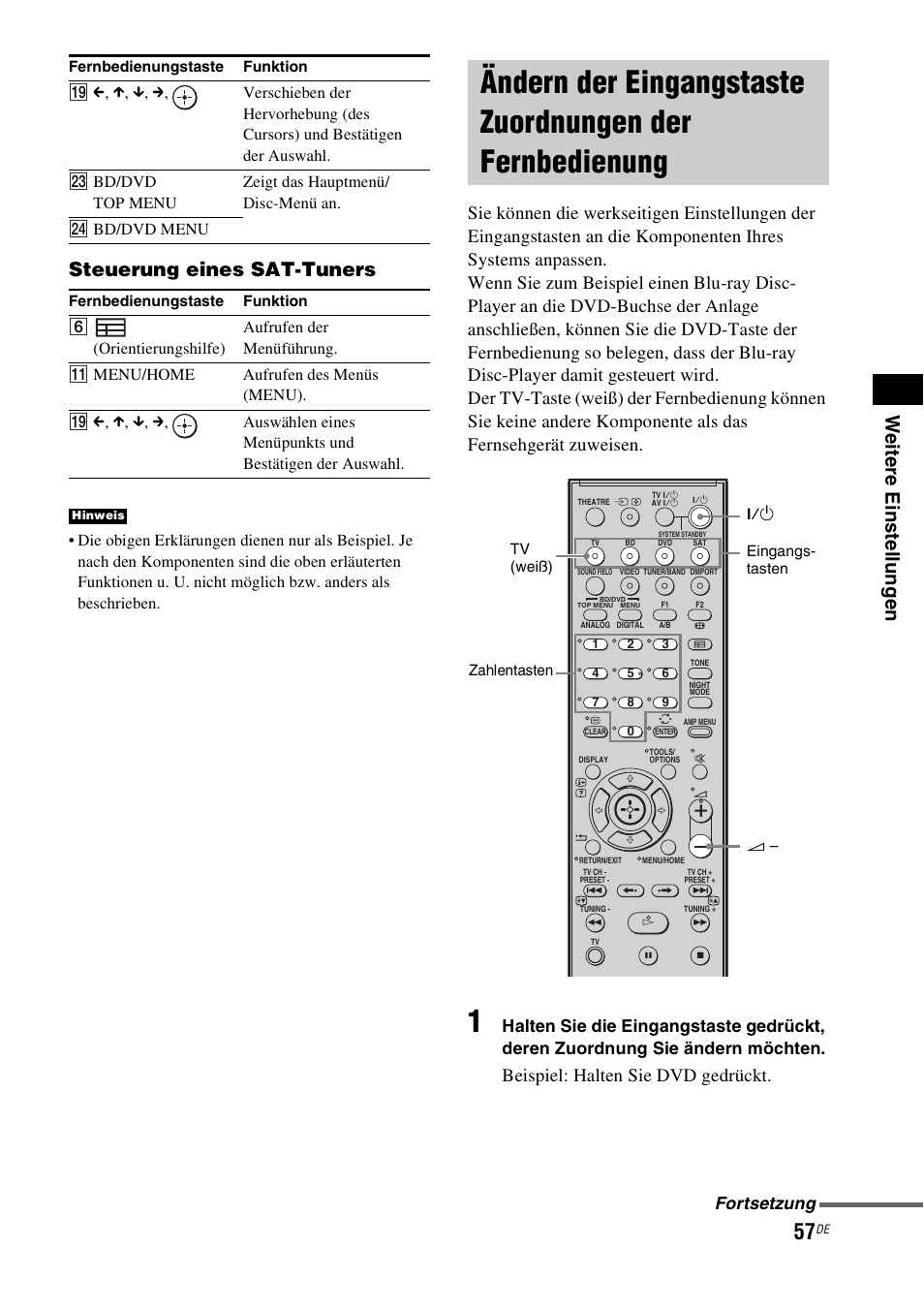 Ändern der eingangstaste zuordnungen, Der fernbedienung, Beispiel: halten sie dvd gedrückt | Fortsetzung | Sony HT-IS100 User Manual | Page 57 / 256